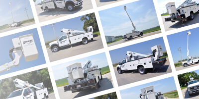 A collage of several images of a DTX2-34FP bucket truck build.