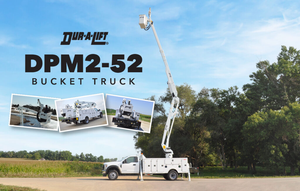 A DPM2-52 bucket truck on display in front of a field.